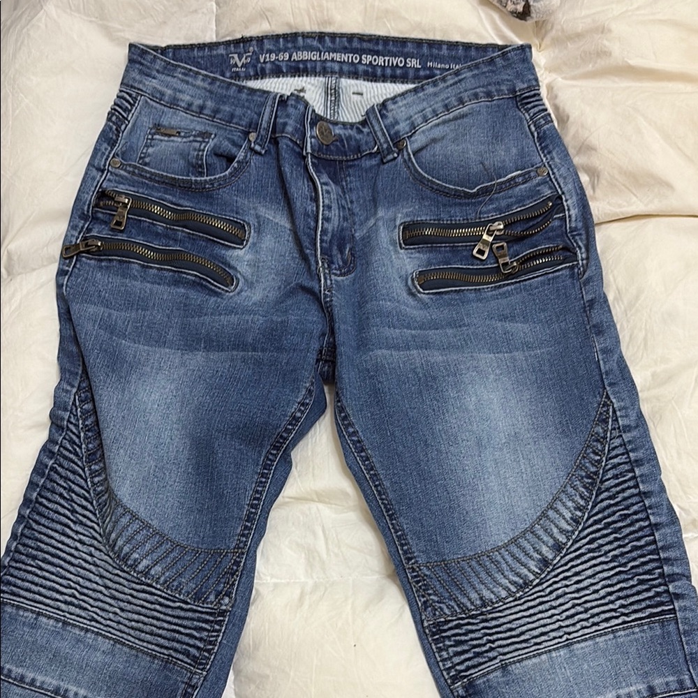 Relaxed Blue Jeans with Ribbed Moto Panels
